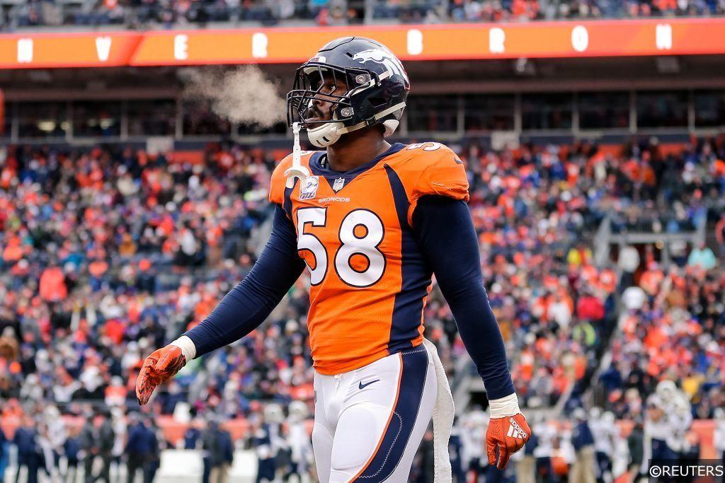 Von Miller playing for the Denver Broncos