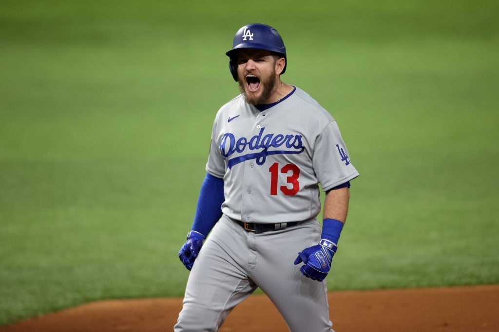 Los Angeles Dodgers first baseman Max Muncy celebrates a hit in World Series Game 3 win over Tampa Bay Rays