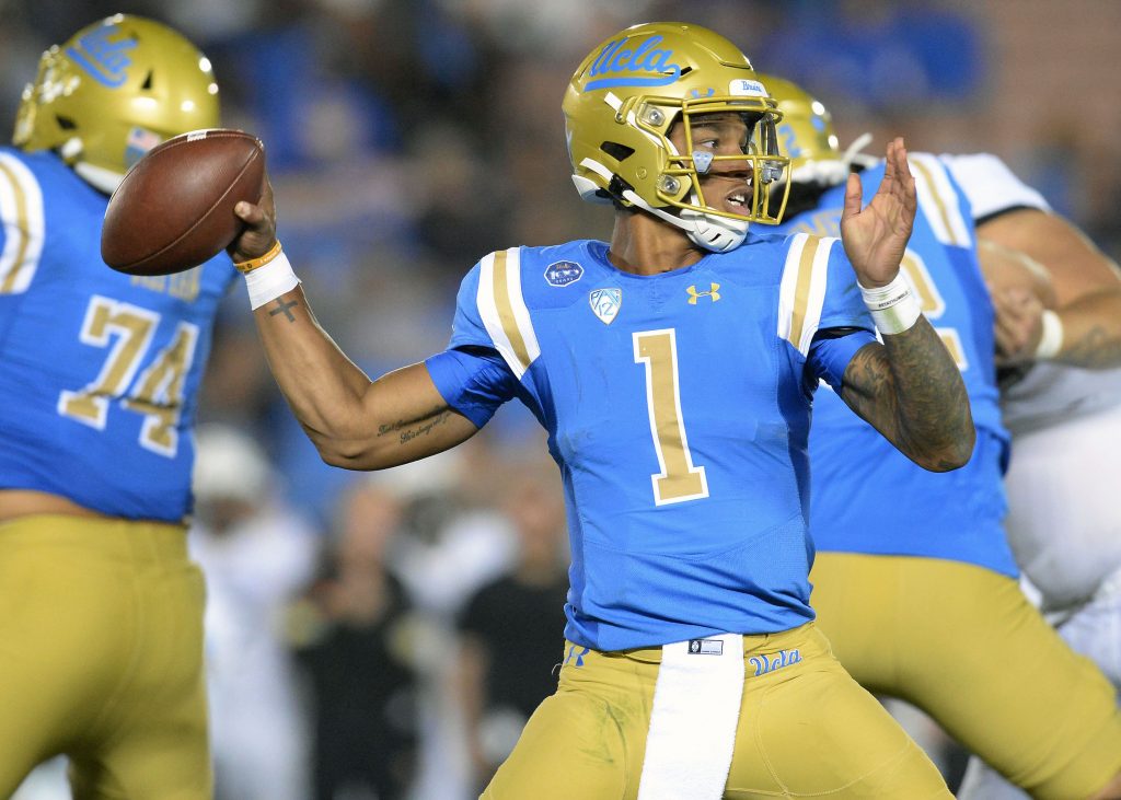 PAC 12 UCLA Bruins quarterback Dorian Thompson-Robinson drops back to pass against Colorado