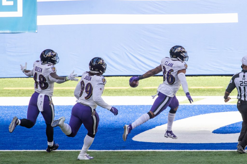 Baltimore Ravens safety Chuck Clark scores a touchdown during win over Colts