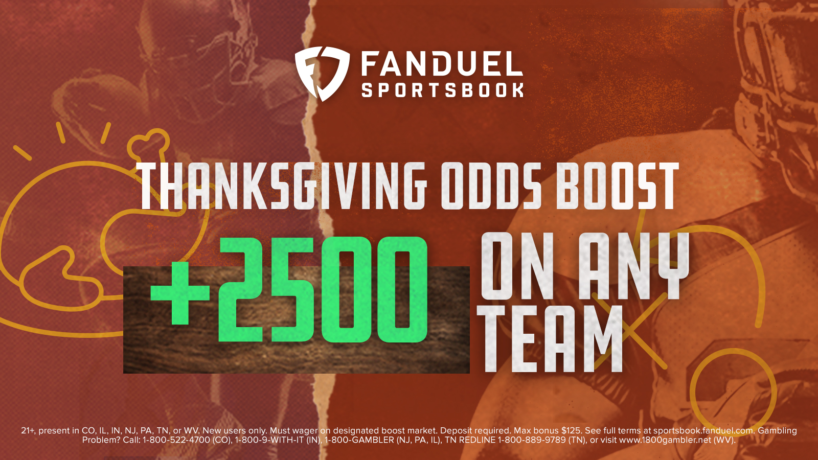 Get 25/1 on any NFL team to win on Thanksgiving – Bet $5 win $125!