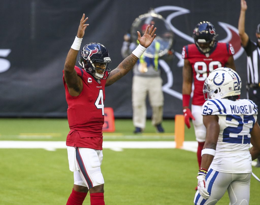 Houston Texans quarterback Deshaun Watson (4) reacts after a Texans touchdown during the second quarter against the Indianapolis Colts at NRG Stadium.