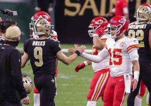 Patrick Mahomes of the Kansas City Chiefs and Drew Brees of the New Orleans Saints