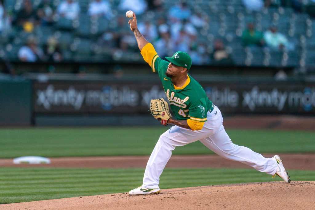 Oakland Athletics starting pitcher Frankie Montas (47) delivers a pitch during the first inning against the Los Angeles Angels at RingCentral Coliseum same game parlay