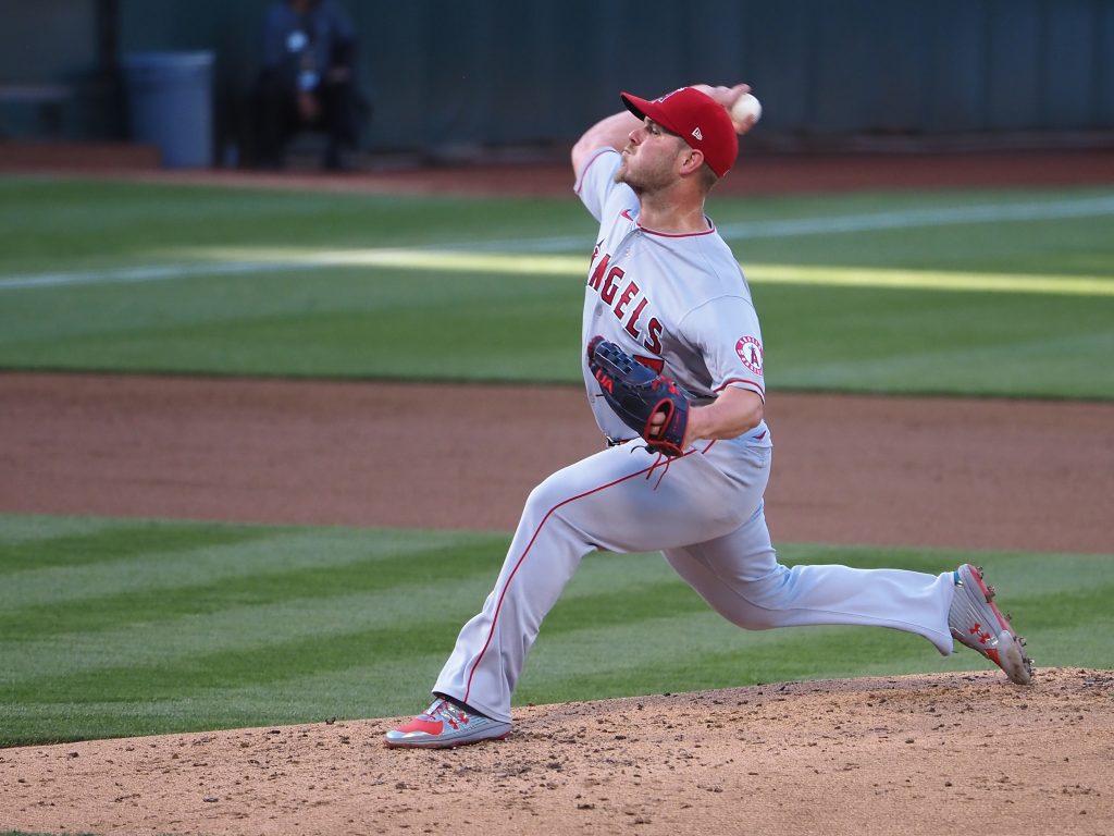 Los Angeles Angels starting pitcher Dylan Bundy (37) pitches the ball against the Oakland Athletics during the first inning at RingCentral Coliseum