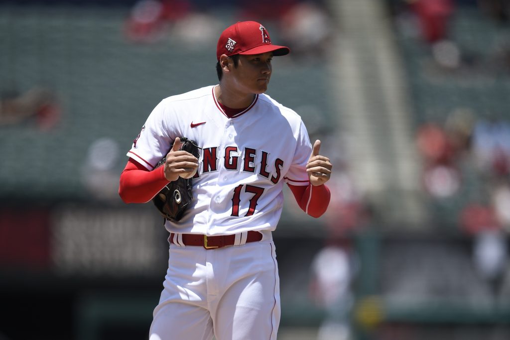 Los Angeles Angels starting pitcher Shohei Ohtani (17) reacts after throwing a strikeout during the second inning against the San Francisco Giants at Angel Stadium