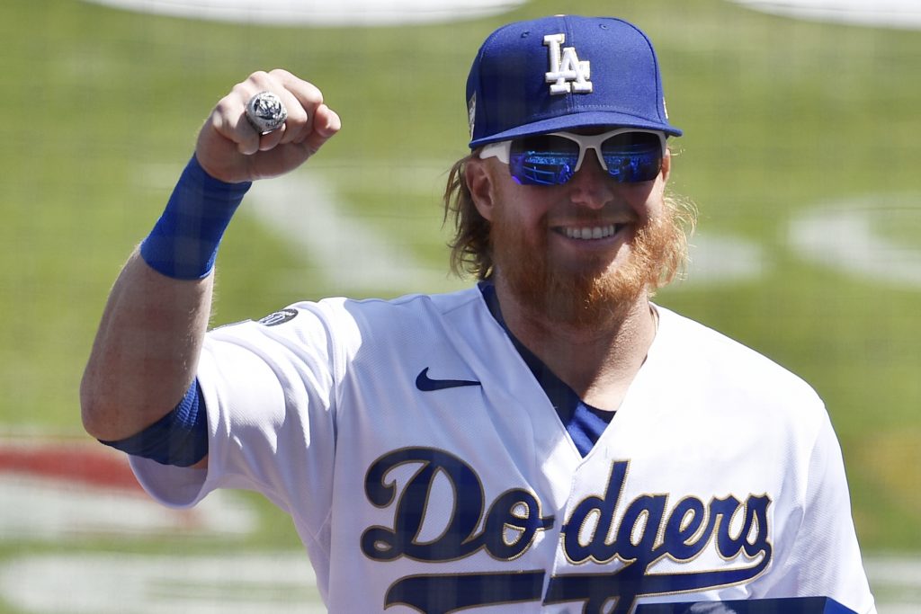 Los Angeles Dodgers third baseman Justin Turner (10) walks off the field after receiving his championship ring during the 2020 World Series Championship ceremony at Dodger Stadium