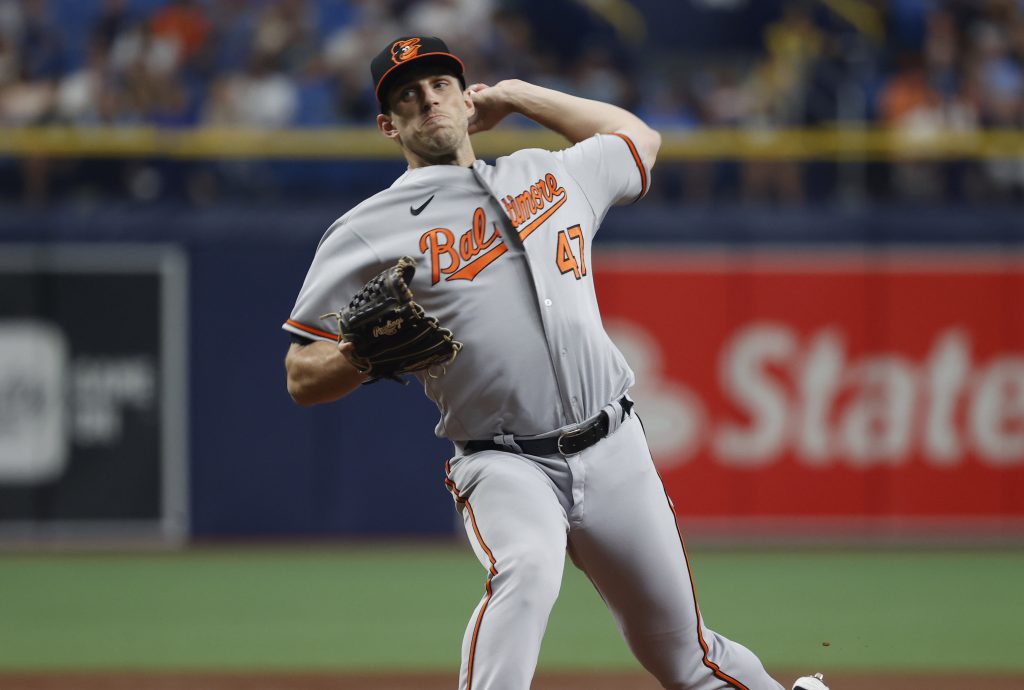 Baltimore Orioles starting pitcher John Means (47) throws a pitch during the first inning against the Tampa Bay Rays at Tropicana Field