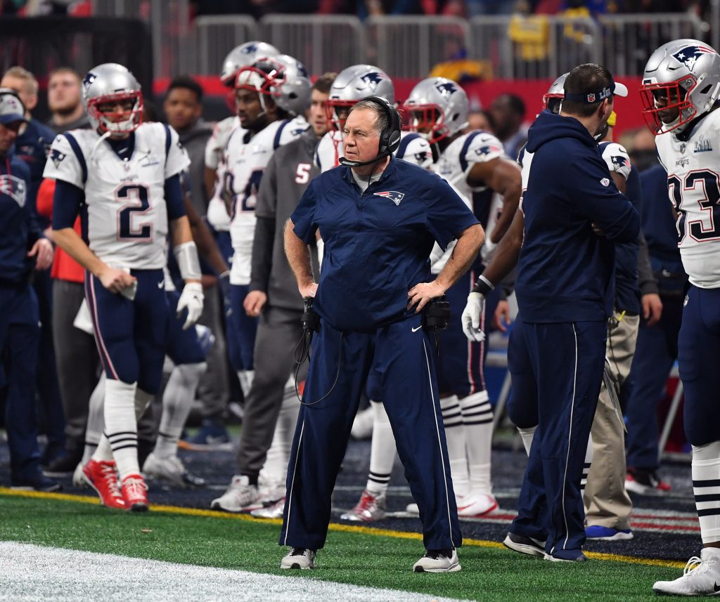 New England Patriots head coach Bill Belichick on the sidelines during the fourth quarter against the Los Angeles Rams in Super Bowl LIII at Mercedes-Benz Stadium.