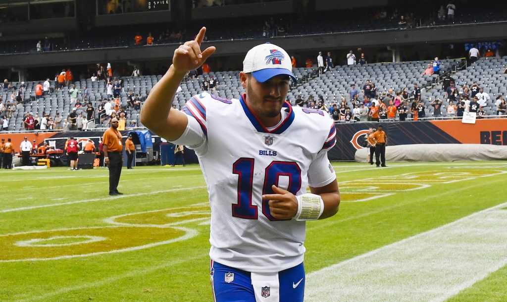 Buffalo Bills quarterback Mitchell Trubisky (10) after the preseason game against the Chicago Bears at Soldier Field
