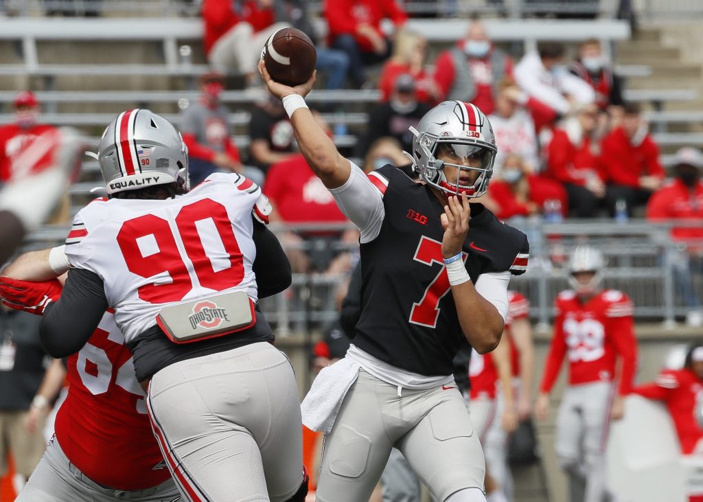 C.J. Stroud (7) throws a pass during the Ohio State Buckeyes football spring game at Ohio Stadium in Columbus on Saturday, April 17, 2021 public money