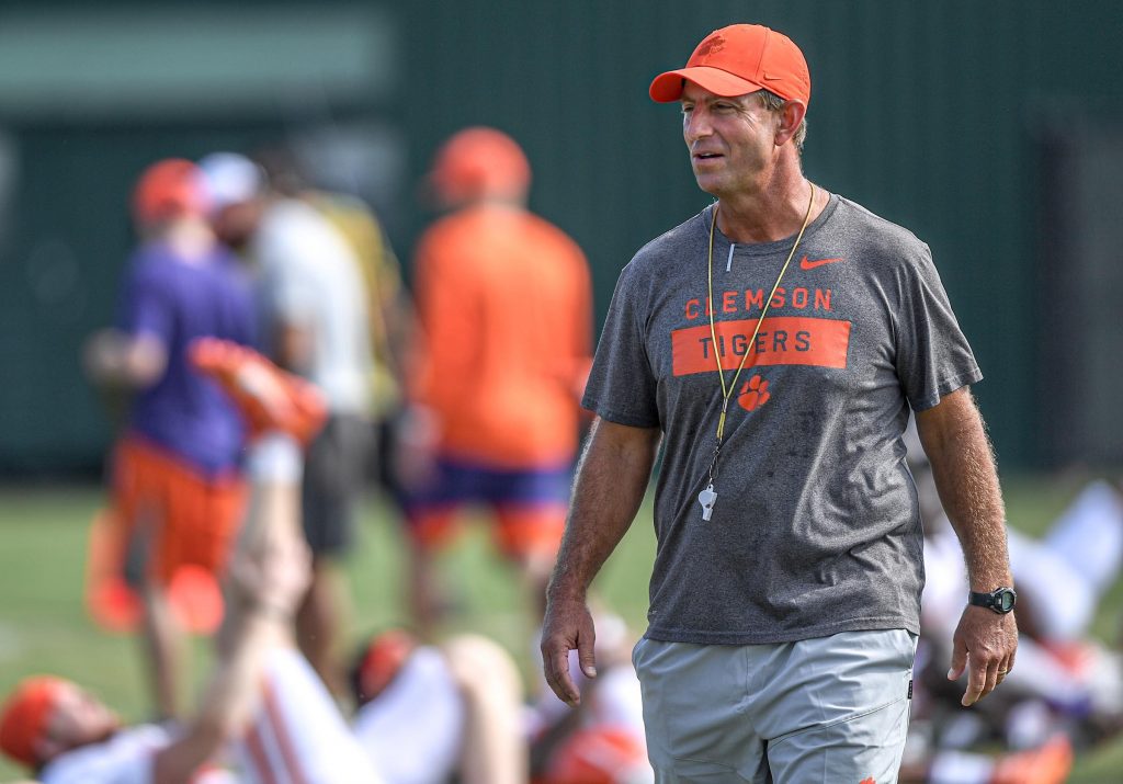 Clemson head coach Dabo Swinney during practice in Clemson, S.C. Thursday, August 12, 2021. Clemson Football Practice August 12